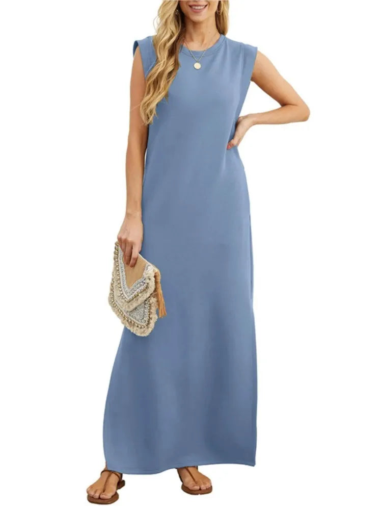 Lady Casual Solid Color Streetwear Summer Fashion Sleeveless Loose Long Dress Woman's Simple Style Slit Hem With Pocket Vestidos