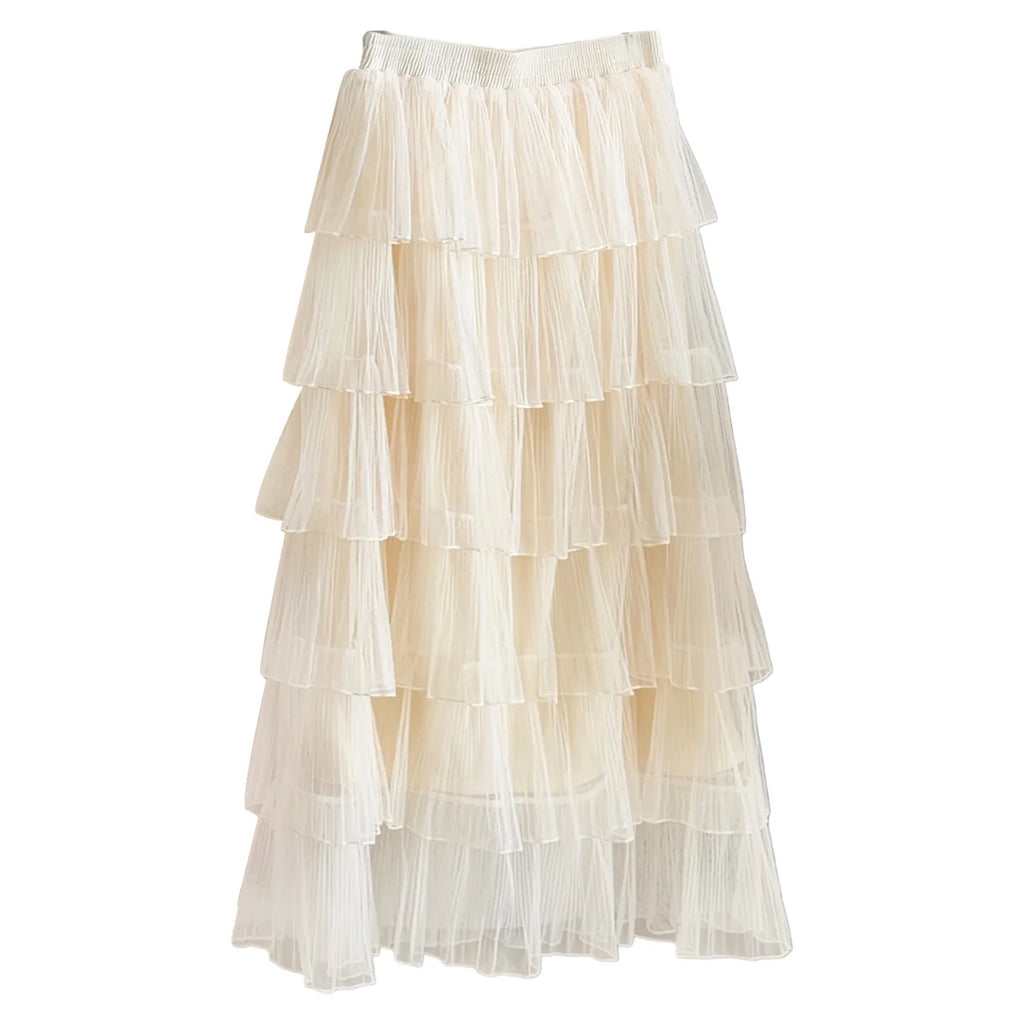 Seoulish Korean Style Layered Mesh Cake Midi Skirt 2026 Spring Women High Waist Elegant Tulle Skirt Female Long Skirts Party