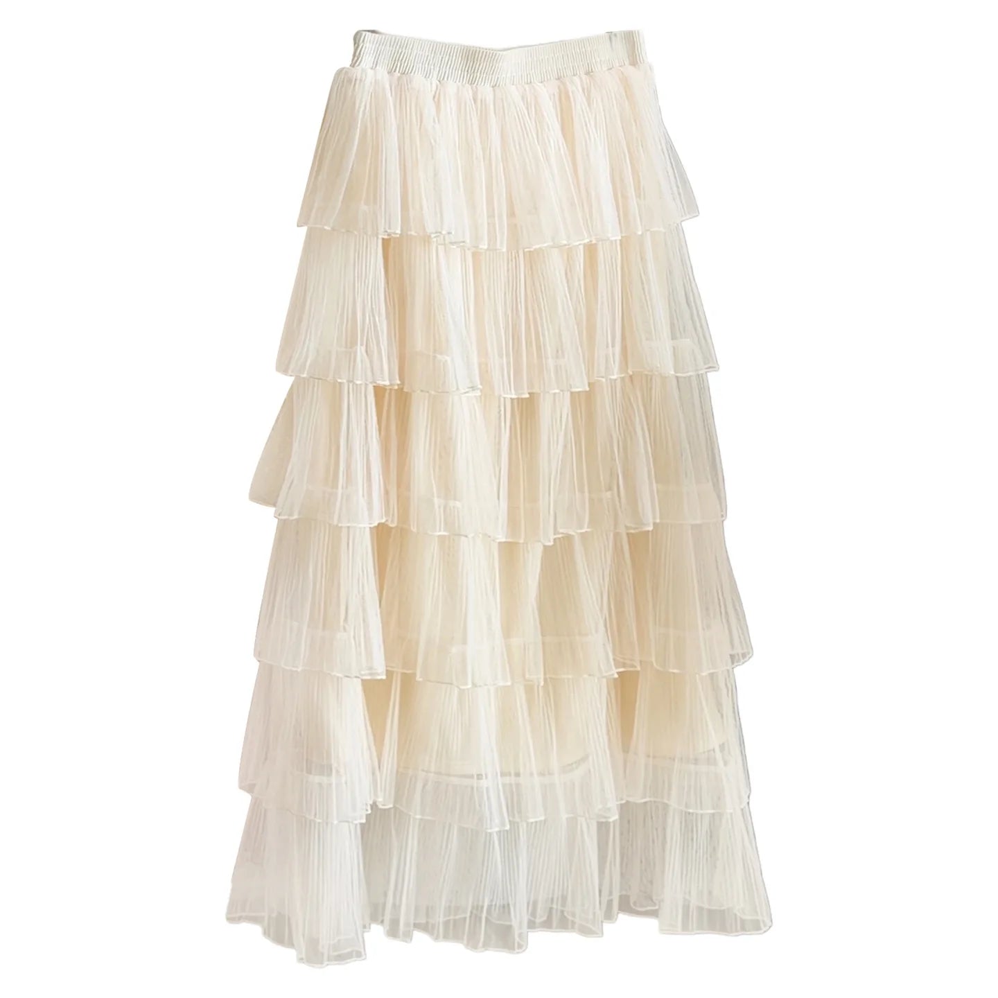 Seoulish Korean Style Layered Mesh Cake Midi Skirt 2026 Spring Women High Waist Elegant Tulle Skirt Female Long Skirts Party