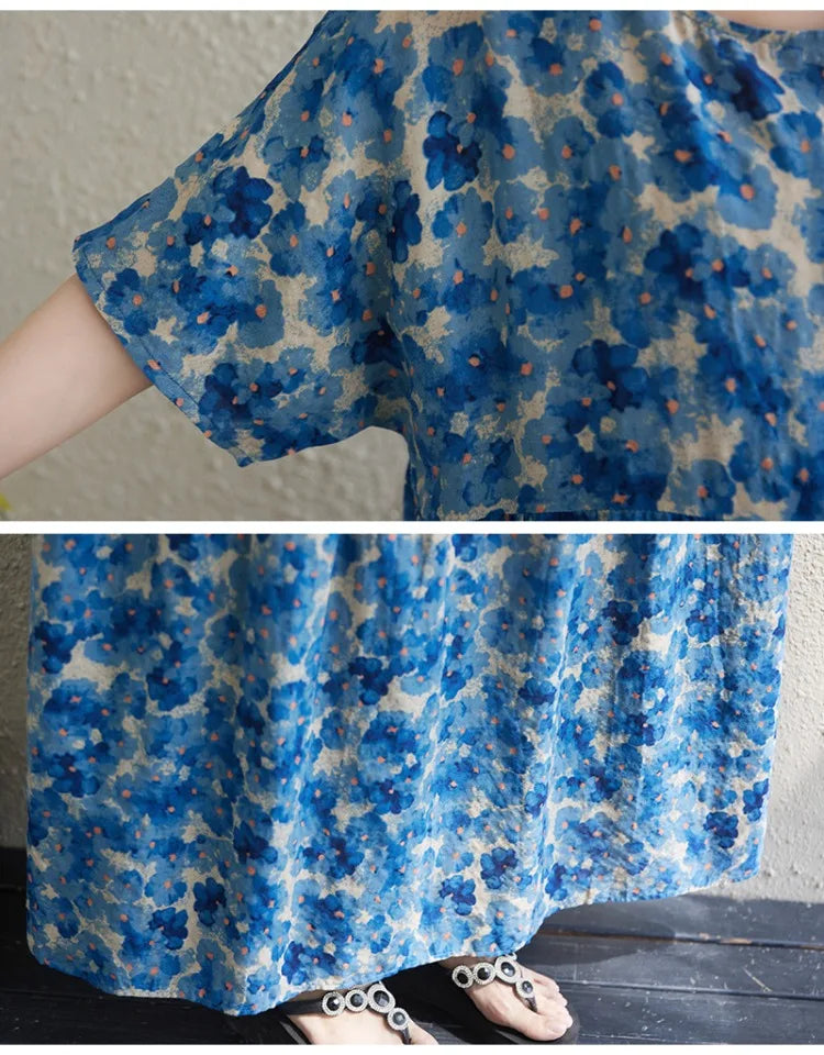 THHONE Vestido Feminino Summer Dresses for Women 2025 Bohemian Holiday Floral O Neck Short Sleeve Casual Print Women's Clothes
