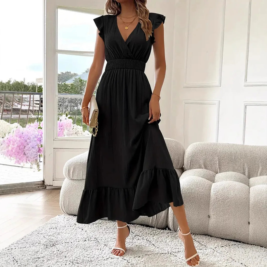 Women's Fashionable Elegant and Casual Long Ruffled Sleeves and Elegant Commuting V-neck Solid Color Pleated Splicing Slim Dress