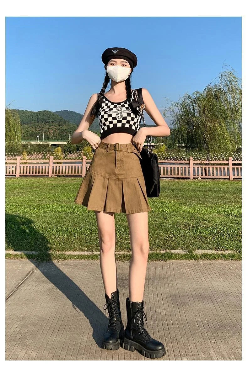 Retro American Blue Hot Girl Pleated Denim  Skirt Women's Summer New Pure Desire A-Line High Waist Short Skirt