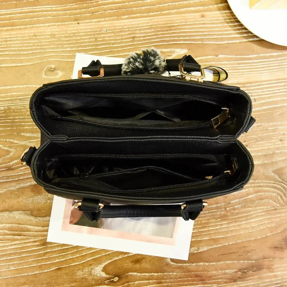 Korea Leather Women Handbag with Keychain Open Pocket Shoulder Bag Large Capacity Casual Messenger Bag Lady