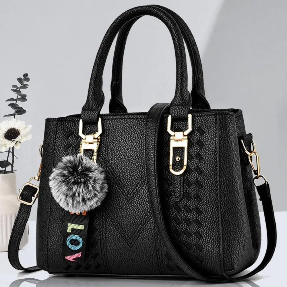 Korea Leather Women Handbag with Keychain Open Pocket Shoulder Bag Large Capacity Casual Messenger Bag Lady
