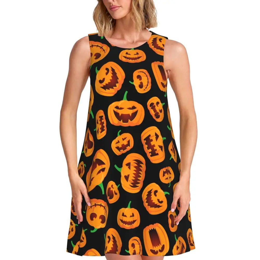 Happy Haunts Dress Halloween pumpkins Boho Dresses Female Sleeveless Basic Tank Dress Daily Graphic Oversize Clothing