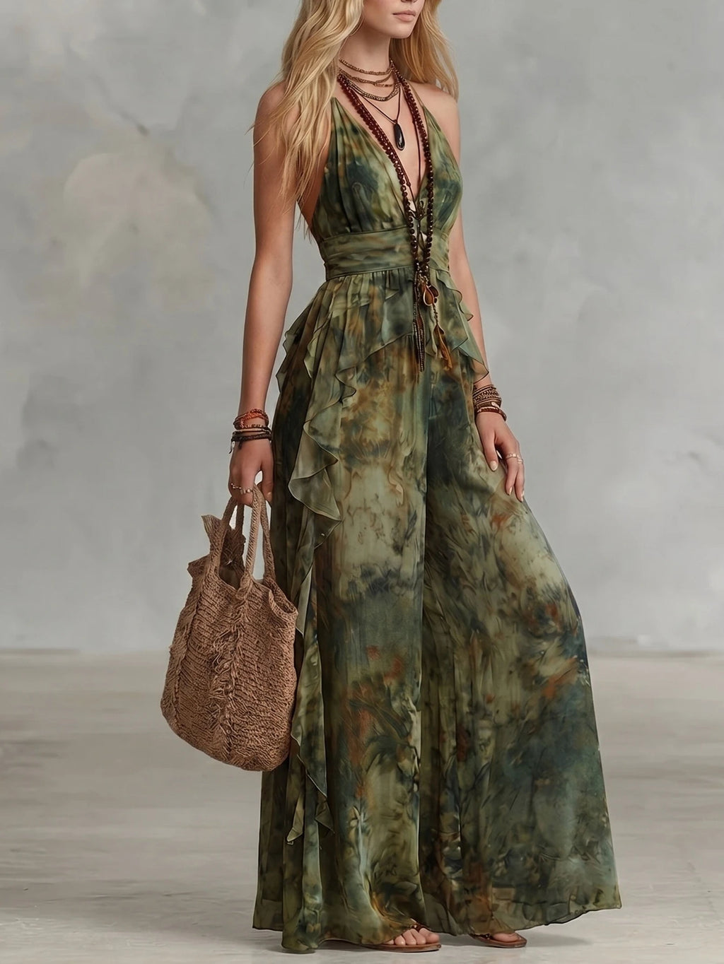 Women Spaghetti Strap Maxi Dress Deep V Neck Ruffle Trim Waist Tie Up Bohemian Style Sleeveless Long Dress Vacation Daily Party Outfit For Women