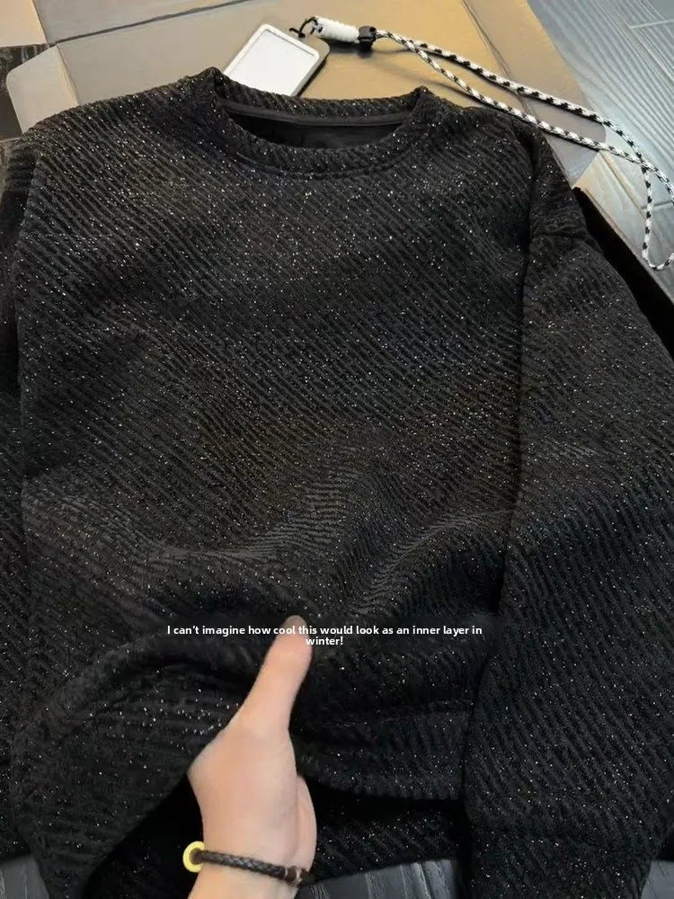 Black round Neck Long Sleeve Sweatshirt Men's Autumn Winter Heavyweight Base Layer Shirt Tianxing Comfortable Casual Style