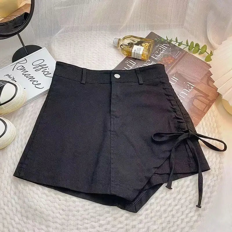 Korean style pink denim skirt female summer new design sense irregular drawstring casual fashion temperament slim A-line skirt.