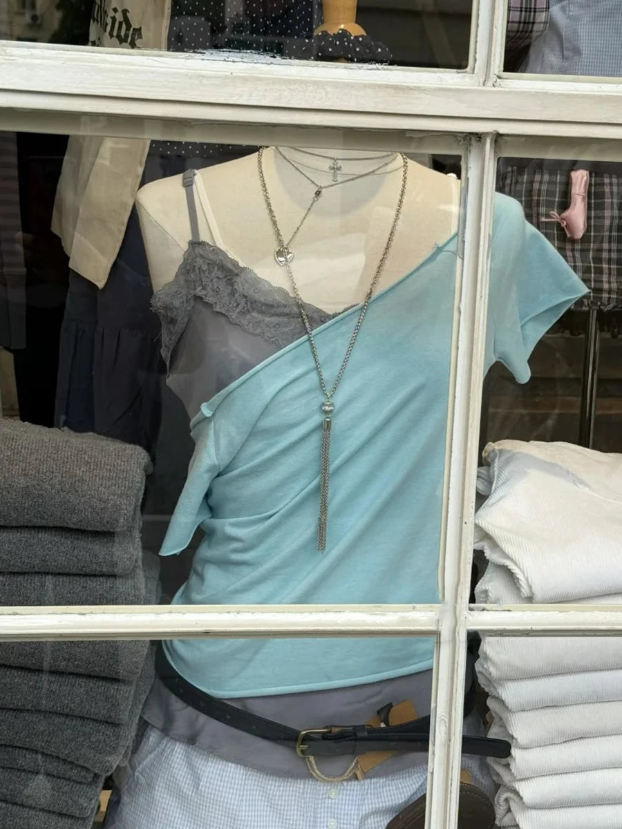 Mint Blue Slash Neck Crop Tops Women Summer Simple All-match Cotton Casual Slim T-shirts Sweet Cute Preppy Style Cropped Tees