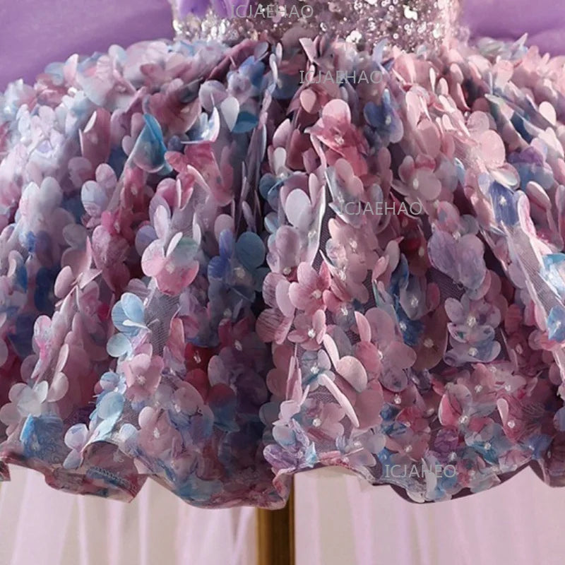 2026 Cute Sweet Purple Children Fashion Floral Sleeveless Kids Host Princess Gown Costume Girls Birthday Party Dress Summer New