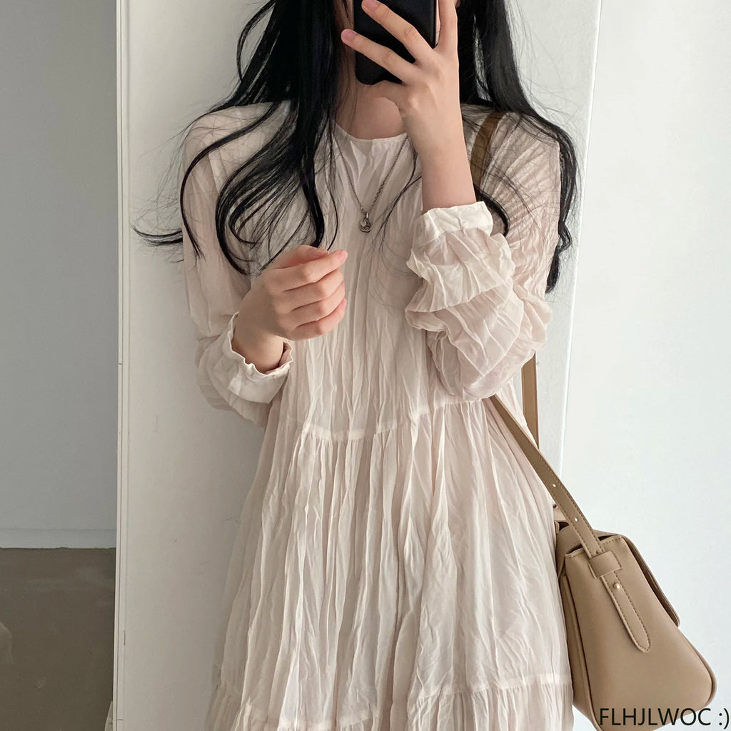 Autumn Spring Wrinkle Loose Dresses New Hot Women Cute Japan Style Retro Vintage Girls Holiday Casual Solid Apricot White Dress
