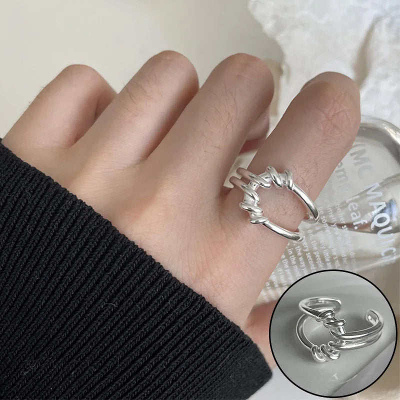 Panjbj 925 Sterling Silver Lines Ring For Women'S Jewelry Finger Adjustable Open Vintage For Birthday Dropship