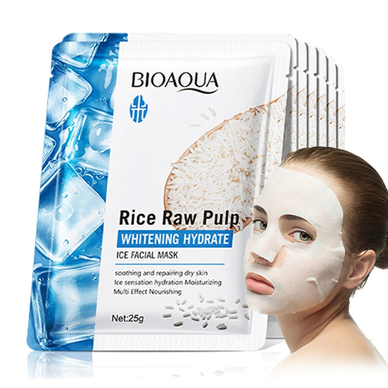 5pcs BIOAQUA Rice Raw Pulp Face Mask Hydrating Brightening Nourishing Moisturizing Ice Facial Masks Skin Care