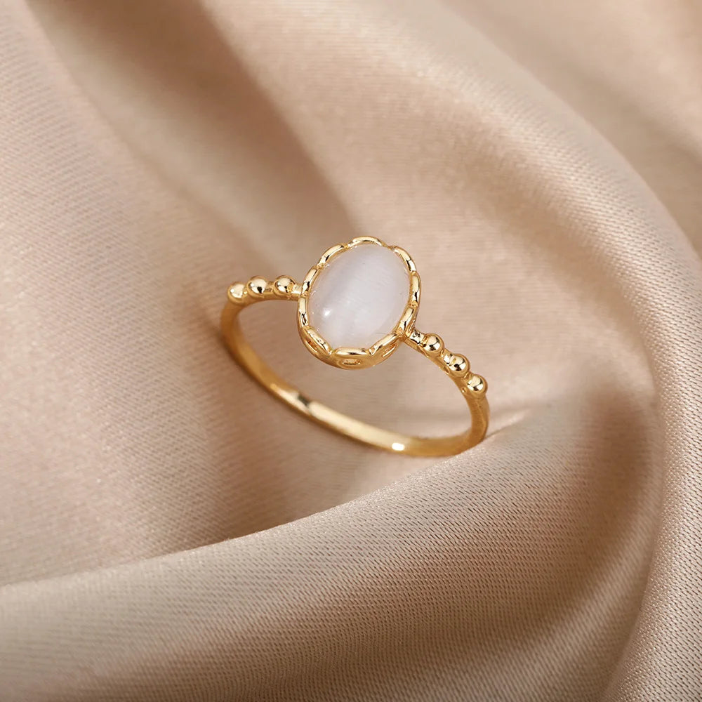 Stainless Steel Opal Rings For Women'S Aesthetic Water Drop Gold Color Wedding Ring Waterproof Jewelry Finger Accessories Gifts