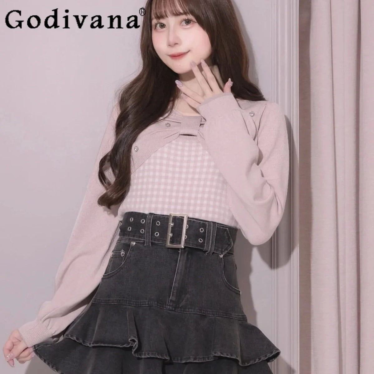 IMU Japanese Sweet Fashion Black Leather Skirt Spring Autumn New 2025 Women's High Waist Slim Elegant Denim Skirt Puffy Cake Ski