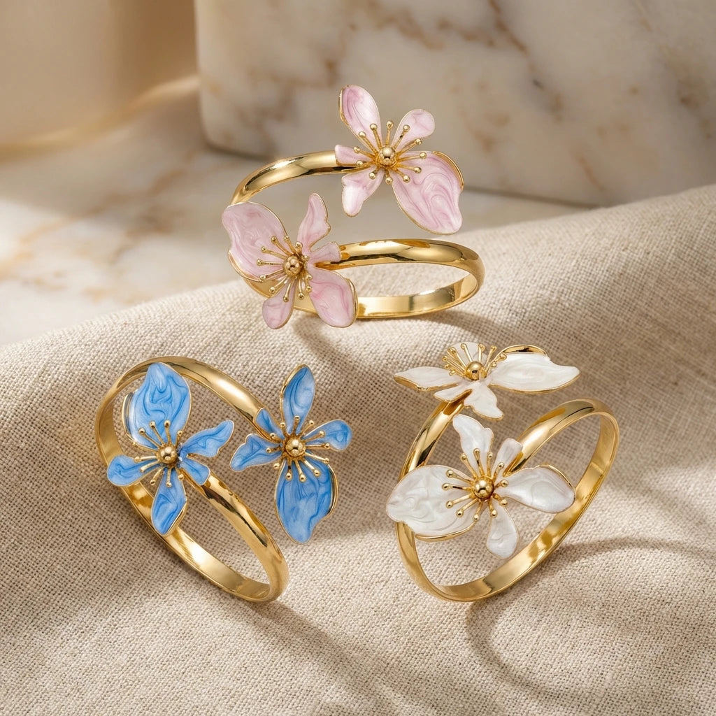 Elegant Enamel Flower Open Cuff Bracelet For Women'S Gold Plated Metal Pink White Blue Floral Bangles Beach Vacation Jewelry