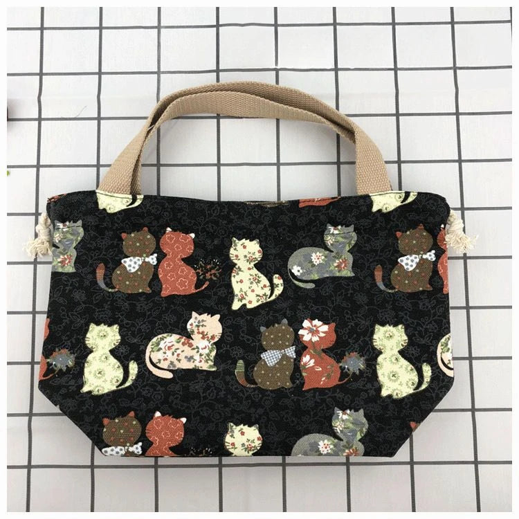 Japanese Cute Bento Bag Tote Canvas Lunch Bags Cartoon Anime Drawstring Bag Foldable Holds Two Lunch Boxes