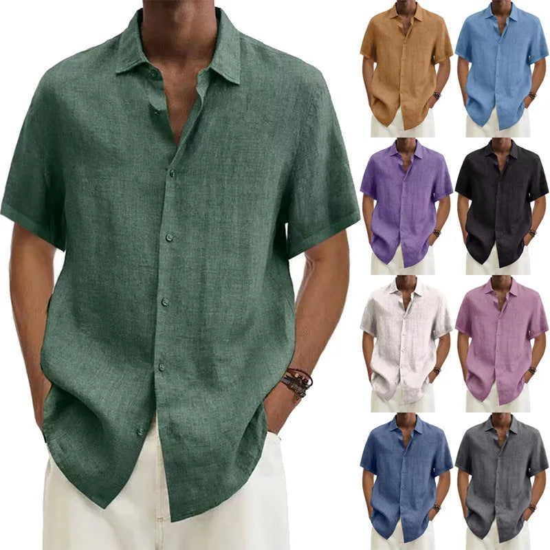 Men's Cotton Linen Button Short Sleeve Shirt Loose Fit Classic Collar Trendy Casual Summer Fashion Pure Color Youth Clothing