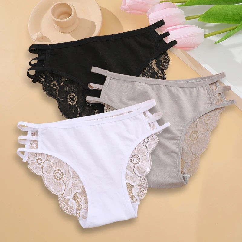 Sexy Floral Lace Panties 3Pc Set For Women Low Rise Hollow Out Transparent Briefs