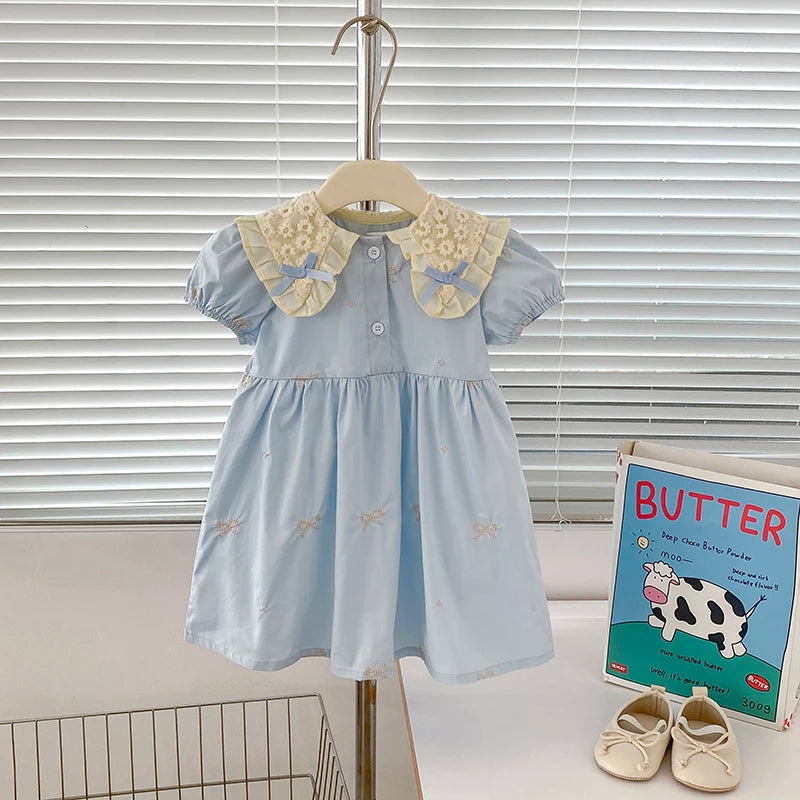 Girls Bow Princess Dress | Puff Sleeve Embroidery Party Dress