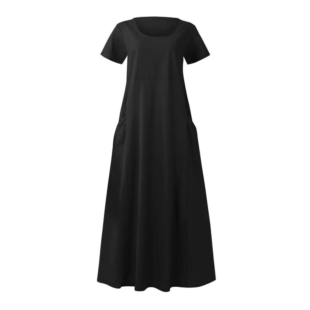 Women Solid Cotton Linen Round Neck Short Sleeve Loose Flowy Maxi Dress EU US Gown