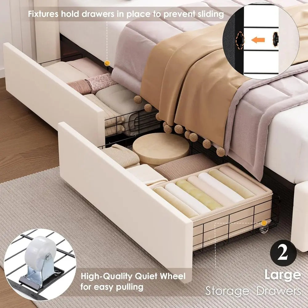HIIT ull LED Bed e with Charging Station and 2 Storage Ders, Velvet Upholstered Platorm Bed with Handcrated Crystal Button Wingb