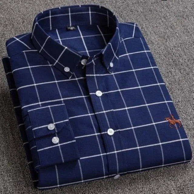 Premium Pure Cotton Oxford Shirt For Men Long Sleeve With Embroidered Horse Design Regular Fit White Dress Shirt