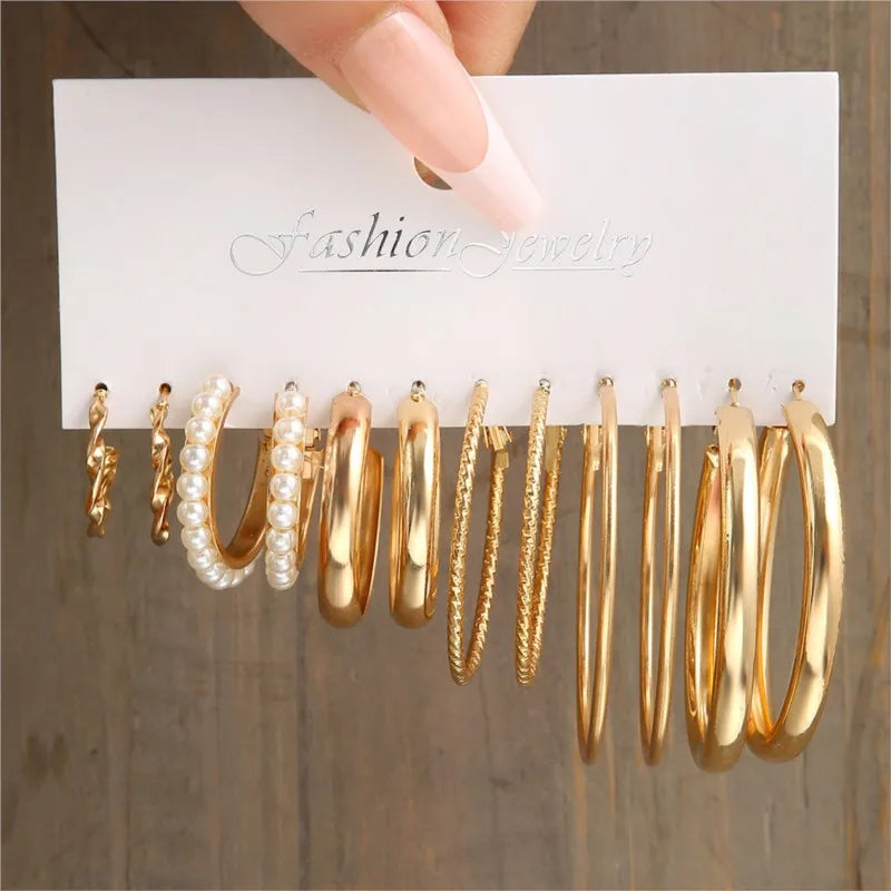 14K Gold C-Shaped Stud Earring Set (12 Pairs)