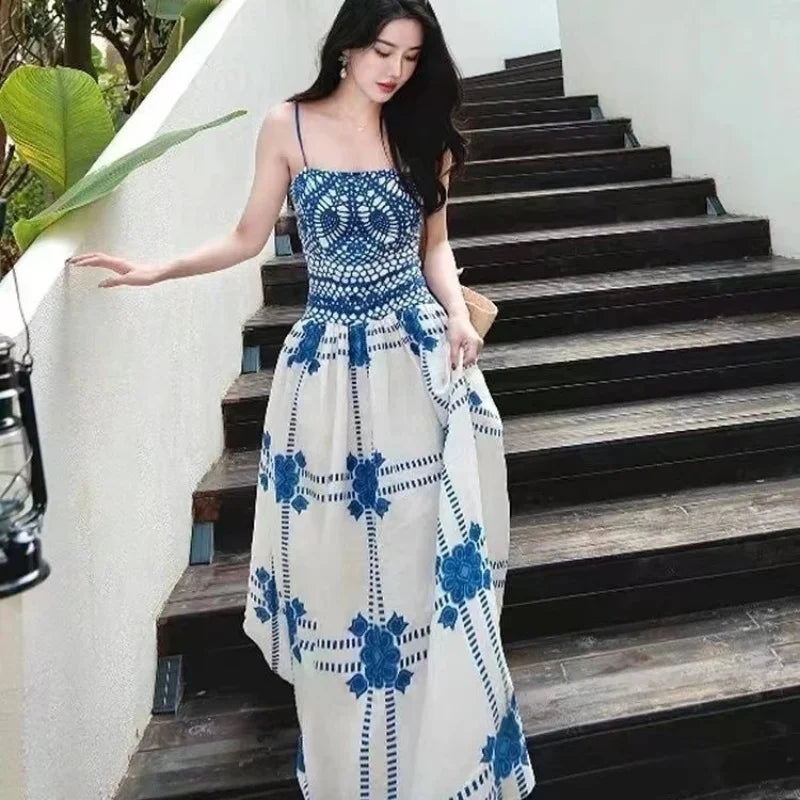 Bohemian Floral Embroidered Spaghetti Strap Maxi Dress Loose A-Line Summer Beach Dress for Women