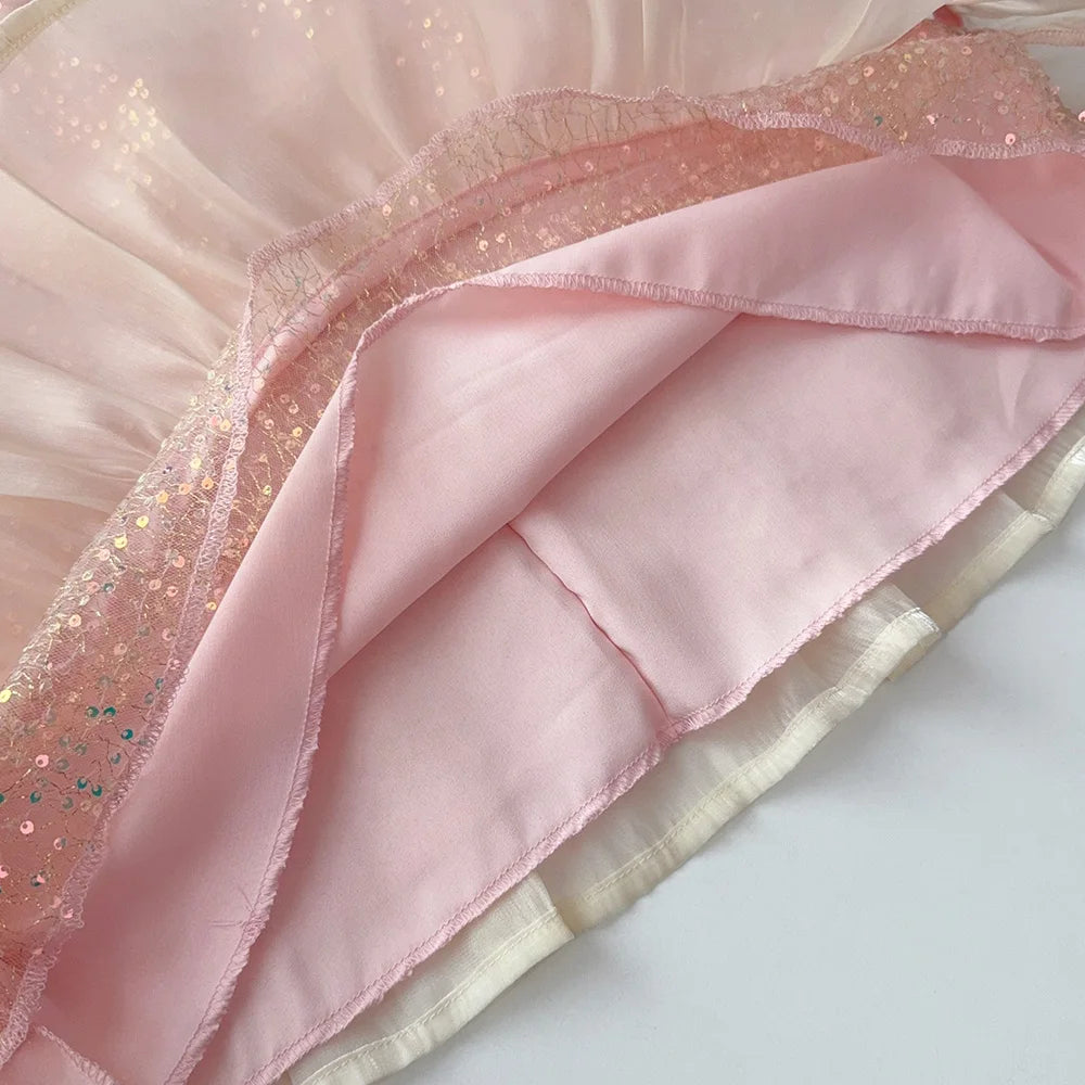 Bear Leader Bow Decoration Pink Girls Dress Summer New Sleeveless Mesh Sequin Princess Dresses Birthday Party Kids Clothes