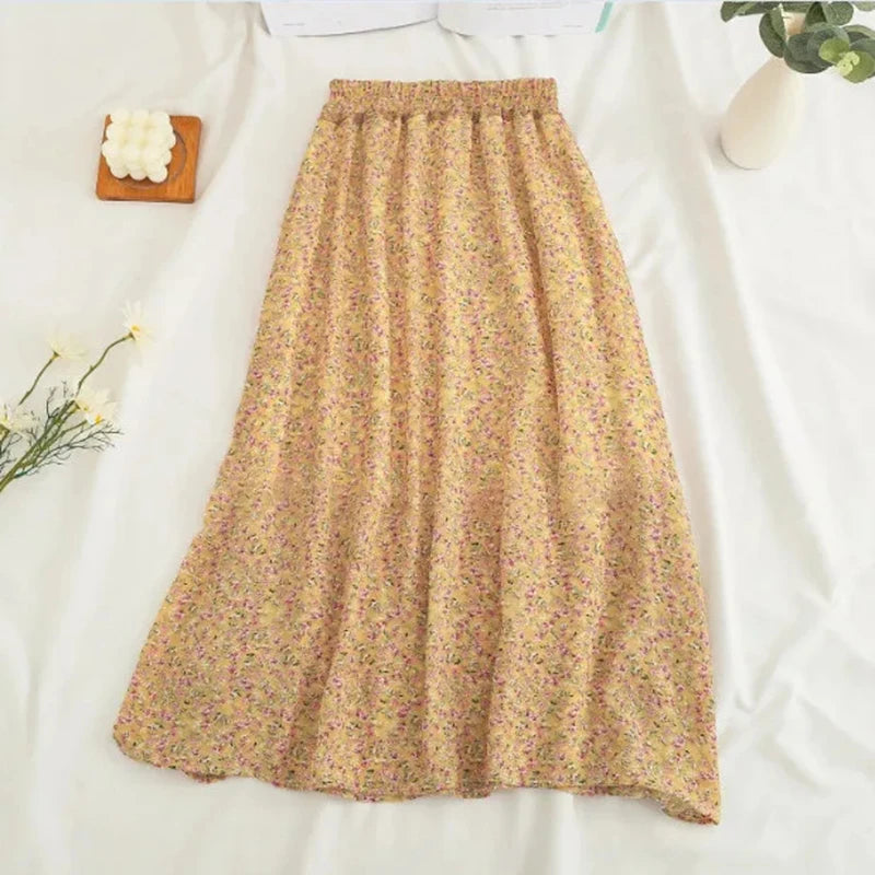 Women's Korean Style Floral Chiffon Midi Skirt – High Waist Loose A-Line Summer Skirt