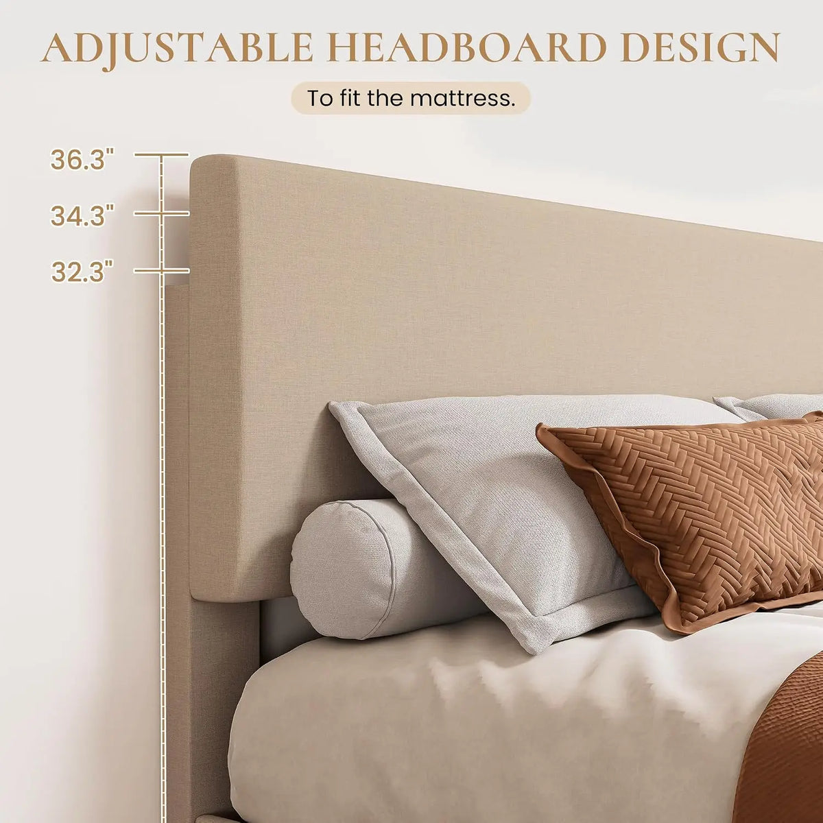 Linen Upholstered Queen Size Bed Frame with Headboard, Beige | Adjustable Low-Profile Platform Bed, Minimalist Design, Stable Ma