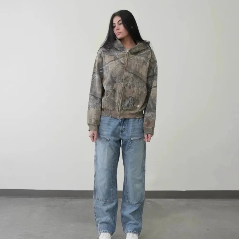 Y2K Hoodie Retro Zip Up Camouflage Pattern Zipper Sweatshirt High Street Hip Hop Streetwear Man And Women'S Hoodies Unisex Camo