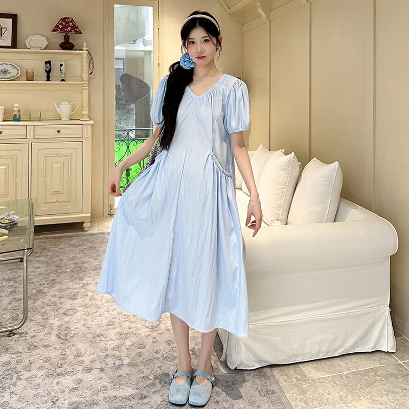 Korean Style Pregnant Woman Summer Dress with Pockets Puff Sleeve V-neck Maternity Pleated Dress