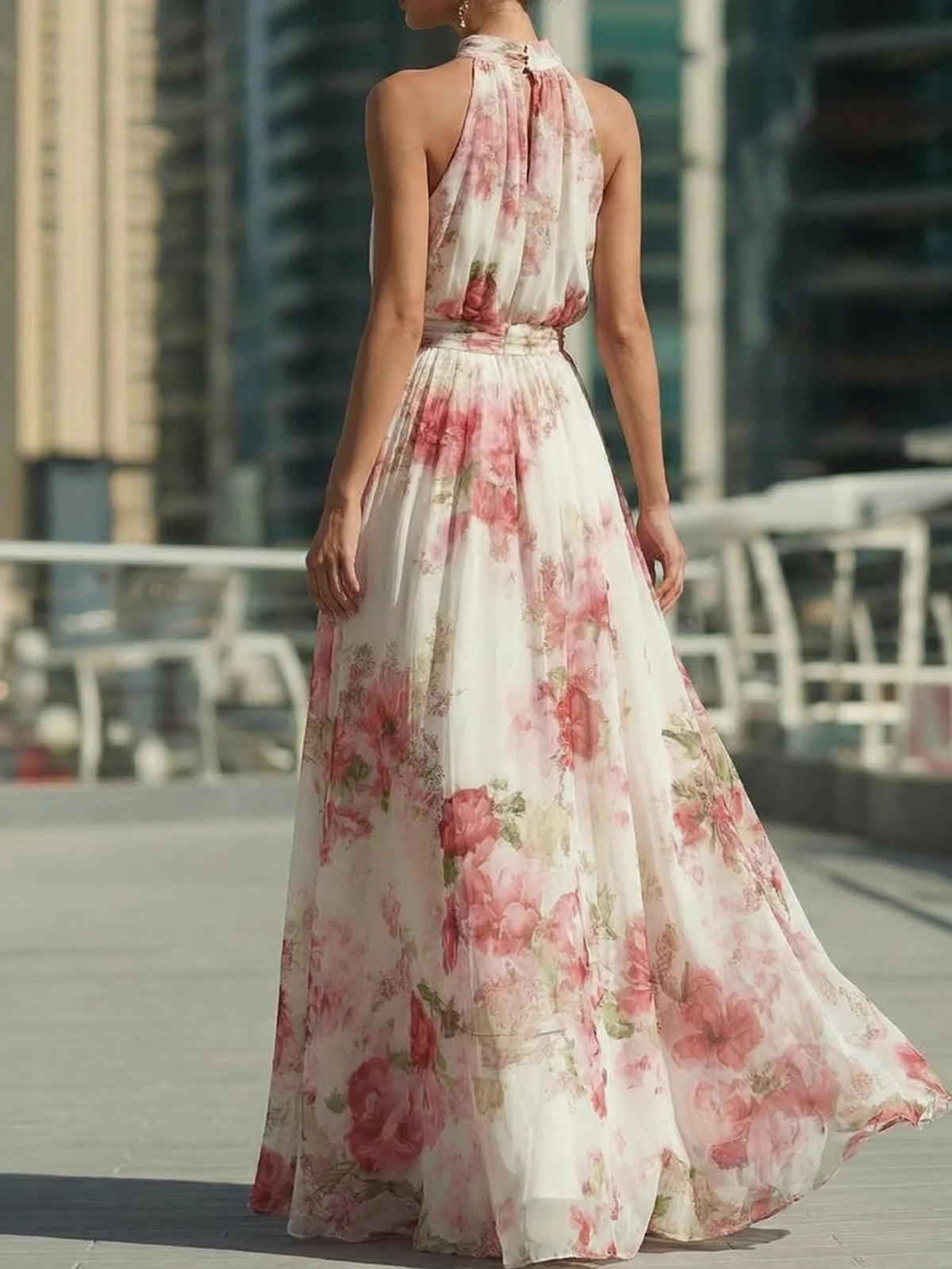 Women's Halter Neck Sleeveless Maxi Dress Floral Print High Waist Pleated Flowy Swing Hem Elegant Floor‑Length Ladies Dress