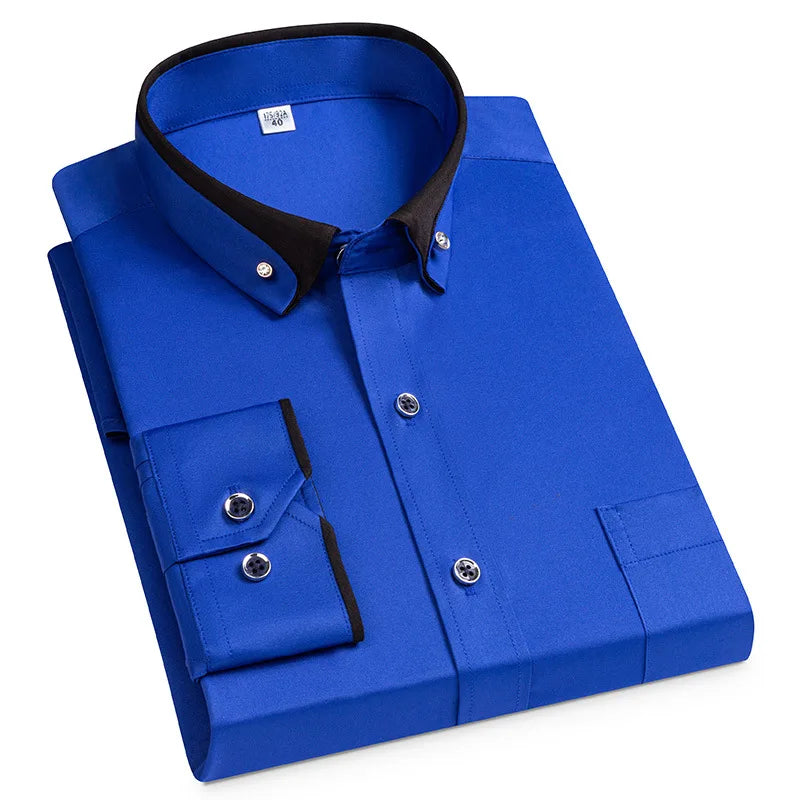 For Men'S Business Dress Shirts Male Formal Button-Down Social Collar Camisa Social Elastic Anti-Wrinkle Casual Men Shirt Pocket