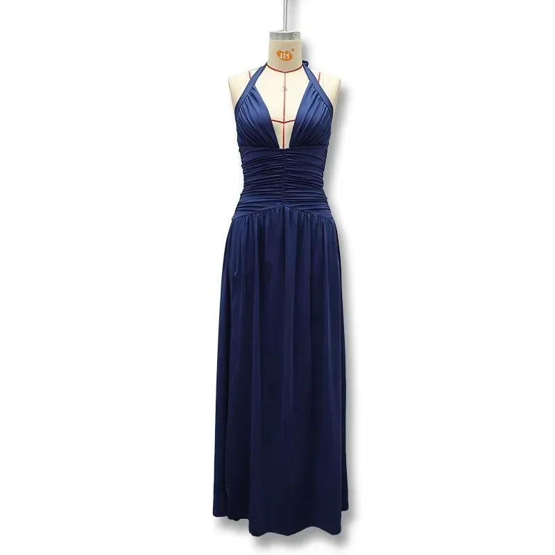 Elegant Strapless Ruched Maxi Dress Sexy Backless Lace Up Cinched Waist Slit Draped Bodycon Dresses Cocktail Party Evening Gown