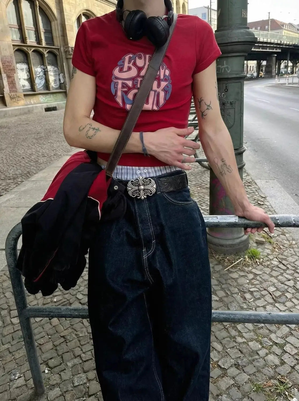 Hong Kong-style Denim Belt with Cross Carving & Rivets Niche Subculture Style Versatile Street Waistband for Casual Daily Outfit