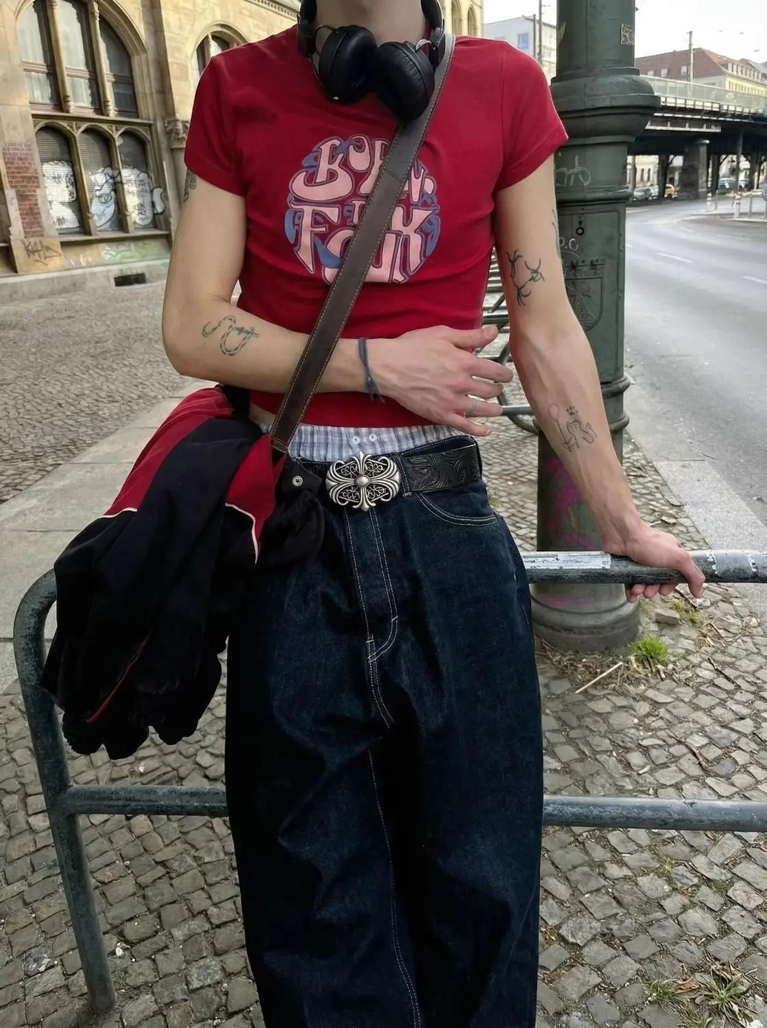 Hong Kong-style Denim Belt with Cross Carving & Rivets Niche Subculture Style Versatile Street Waistband for Casual Daily Outfit