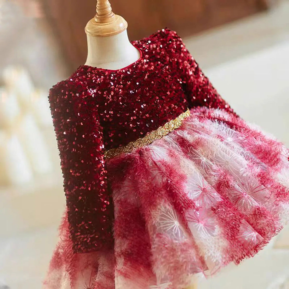 Dreamy Vow J721 Gorgeous Burgundy Girl Dress Long Sleeved Tulle Sequined Embroidered for Kids Party Knee Length Ball Gown