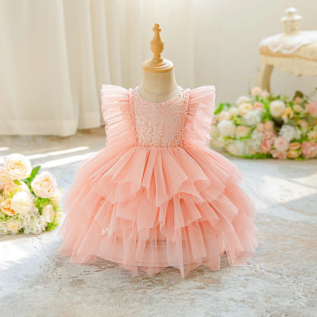 Elegant Party Baby Girls Dress Fly Sleeves Tulle 1st Birthday Bridesmaids Wedding Prom Girl Dress Toddler Flower Baptism Costume