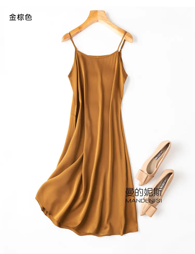 Tcyeek Women Silk Dress 93%Silk 7%Spandex Spaghetti Strap Mid Dresses 2024 Summer New Clothes Blue