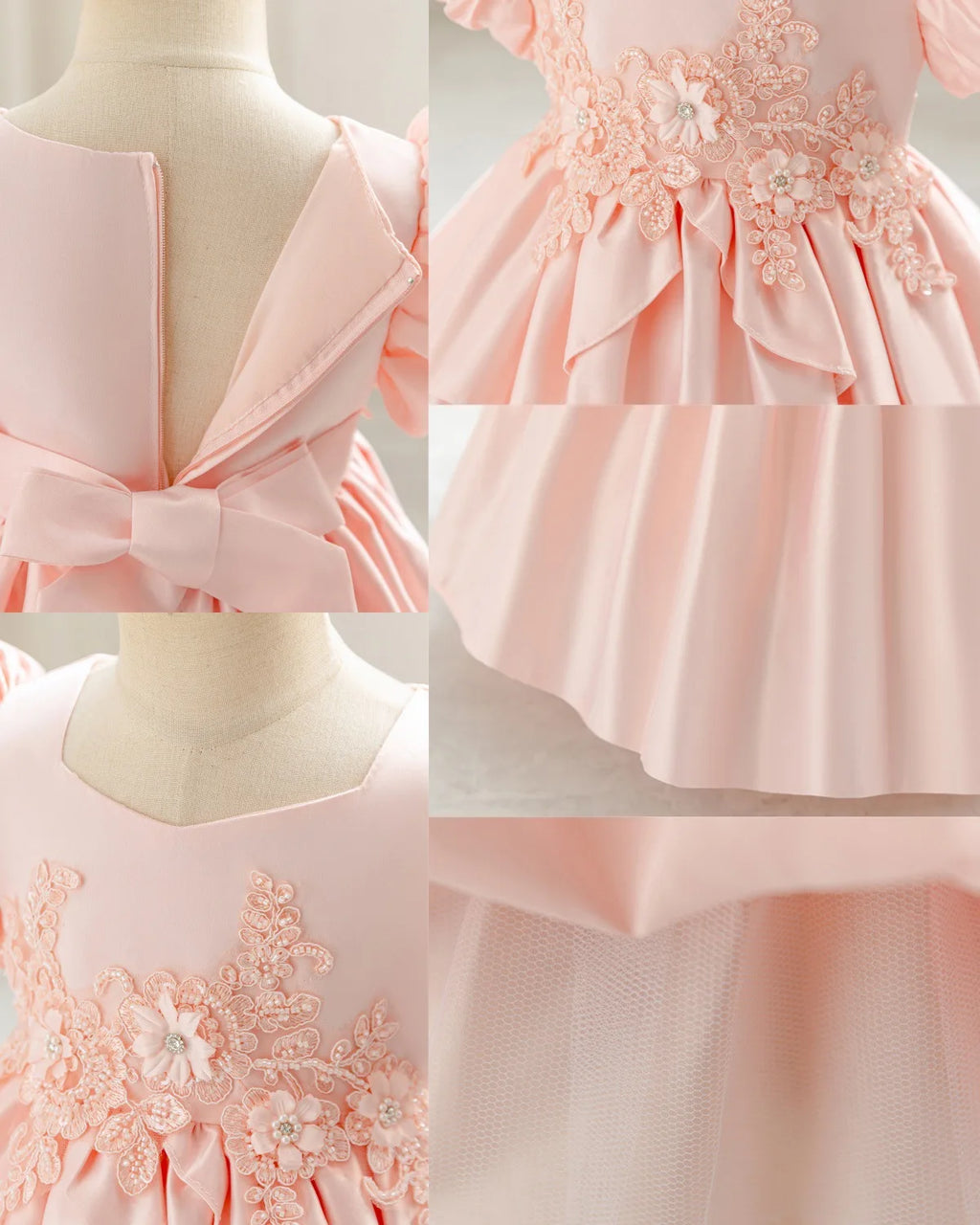 HETISO Baby Girls Appliques Flower Solid Satin Princess Fashion Dresses Ball Gown for Party Birthday New Year 6M-4 Years