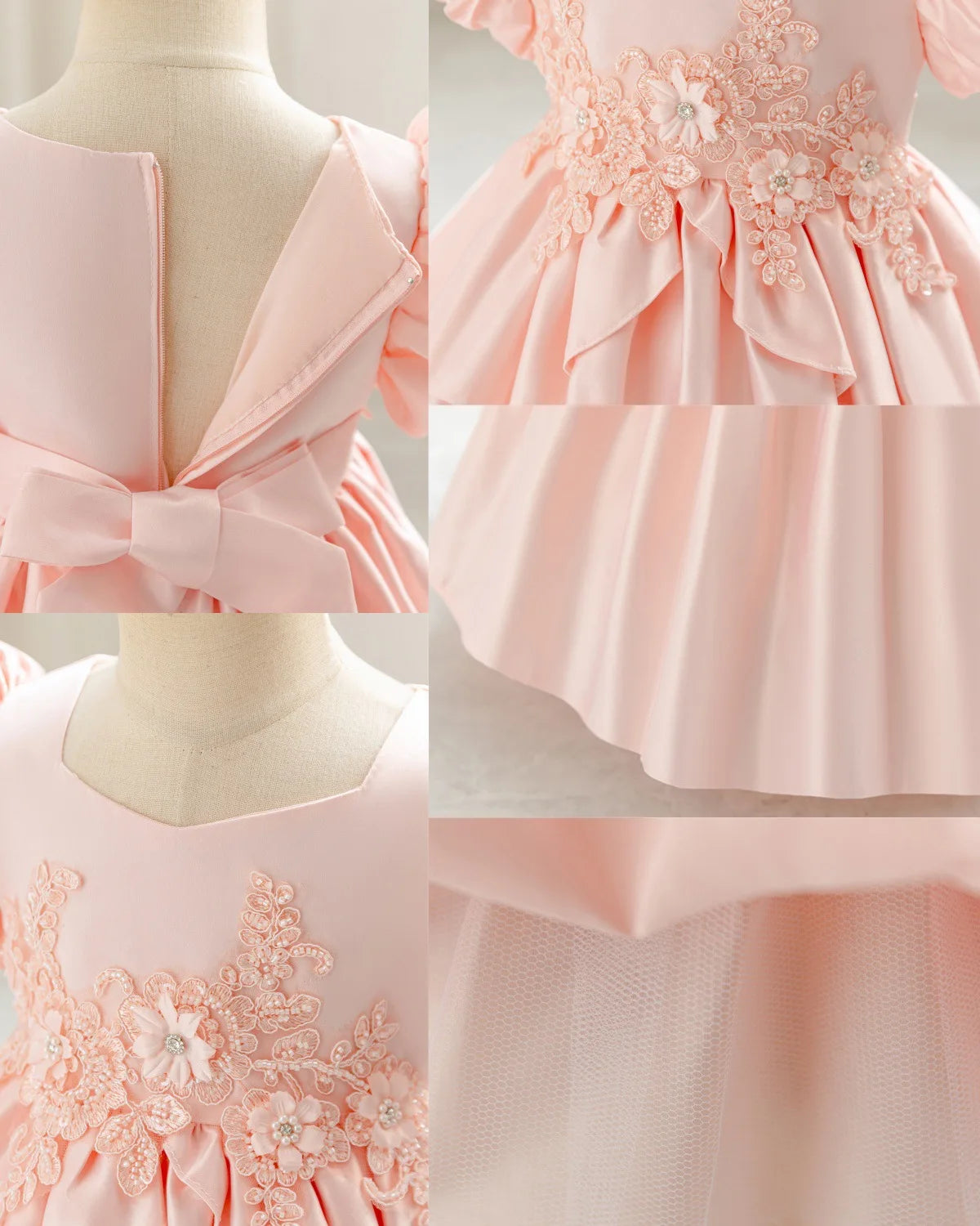 HETISO Baby Girls Appliques Flower Solid Satin Princess Fashion Dresses Ball Gown for Party Birthday New Year 6M-4 Years