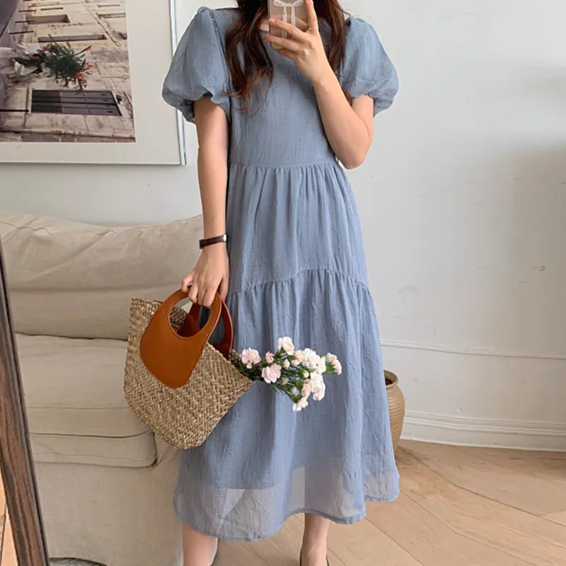2026 Korean Summer Soft Round Neck Dress Women New Solid Color Loose Casual Dresses Female Mid-length A-line Vestidos E547