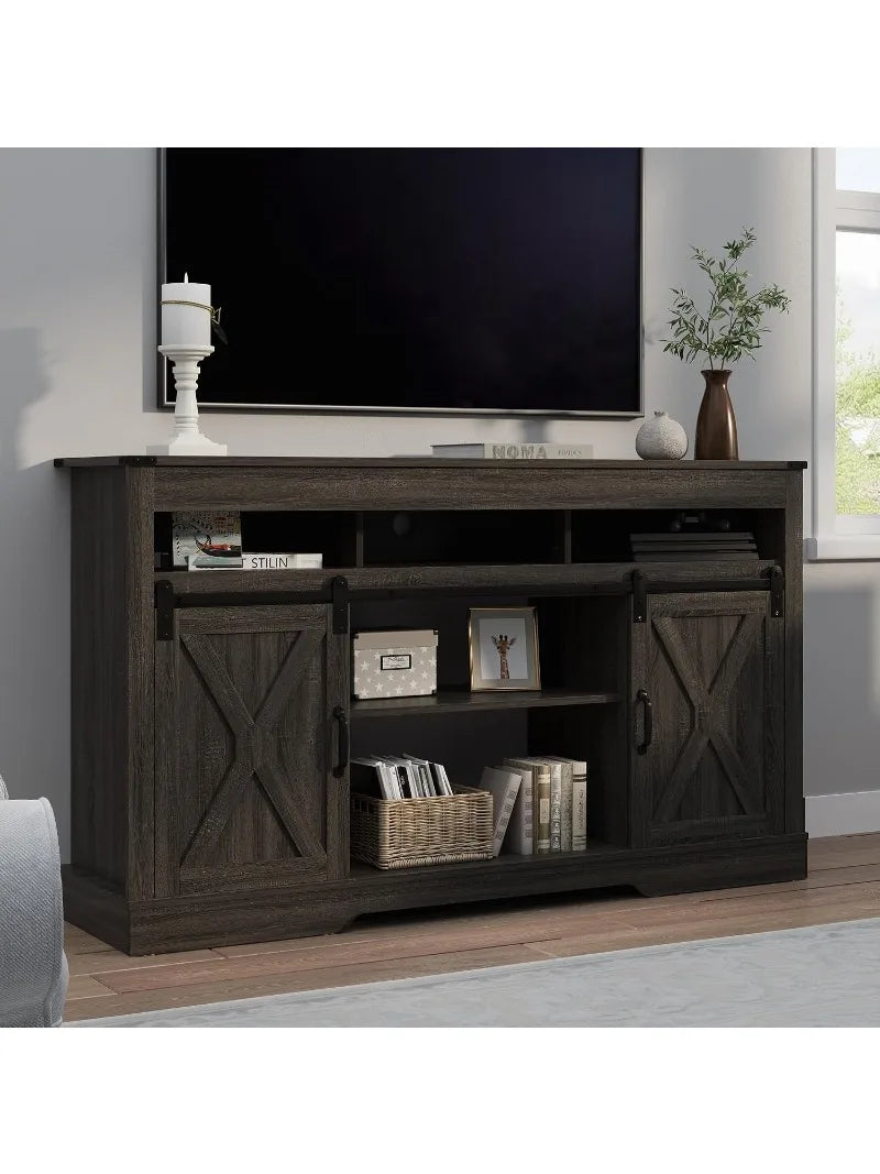 Farmhouse TV Stand for 23" Fireplace, 65" TV Console, 34" Tall Rustic Sliding Barn Door, Dark Grey, Customized