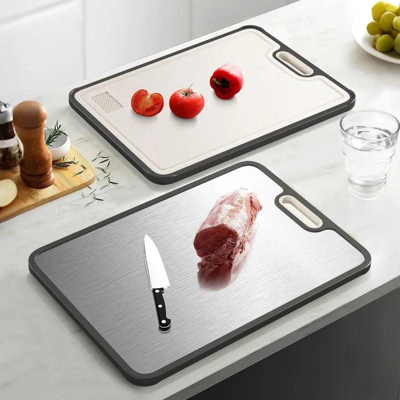 Tabla de cortar de cocina antibacteriana 2 en 1 de doble cara, de acero inoxidable y paja de trigo, con surco para jugos y marco antideslizante para cocinar
