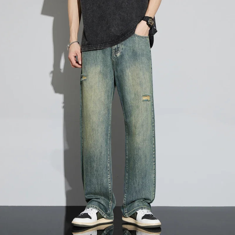 Men's Vintage Straight Baggy Jeans - Ripped Distressed Denim Pants