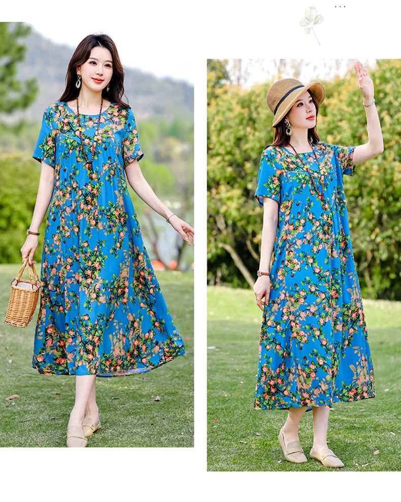 New Print plus size 2026 New Fashion Floral Printed Summer Dress Vestidos Elegant Short Sleeve Slim O-Neck Party Women clothing