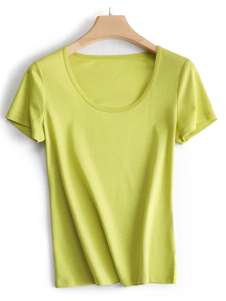 SuyaDream 2022 Woman Summer Tee Silk Acetate Blend U Neck Slim Waisted Solid Cosy T Shirt Candy Colors Top